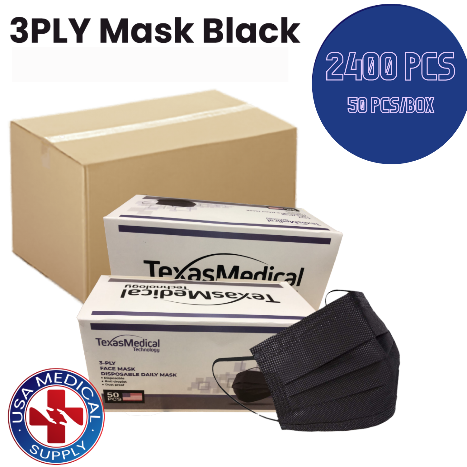 3PLY Mask Black - 2400 PCS at $2.50/ Box - (50Pcs/Box - 48 Boxes/Case) - USA Medical Supply