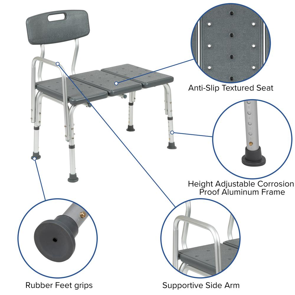 HERCULES Series 300 Lb. Capacity Adjustable Gray Bath & Shower Transfer Bench with Back and Side Arm - USA Medical Supply