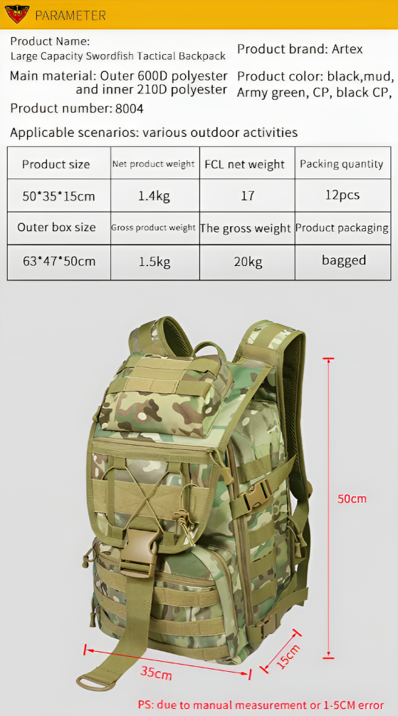 High Quality Outdoor Trekking Fan Backpack | Mountaineering Bag Military Travel Backpack | X7 Swordfish Tactical Backpack