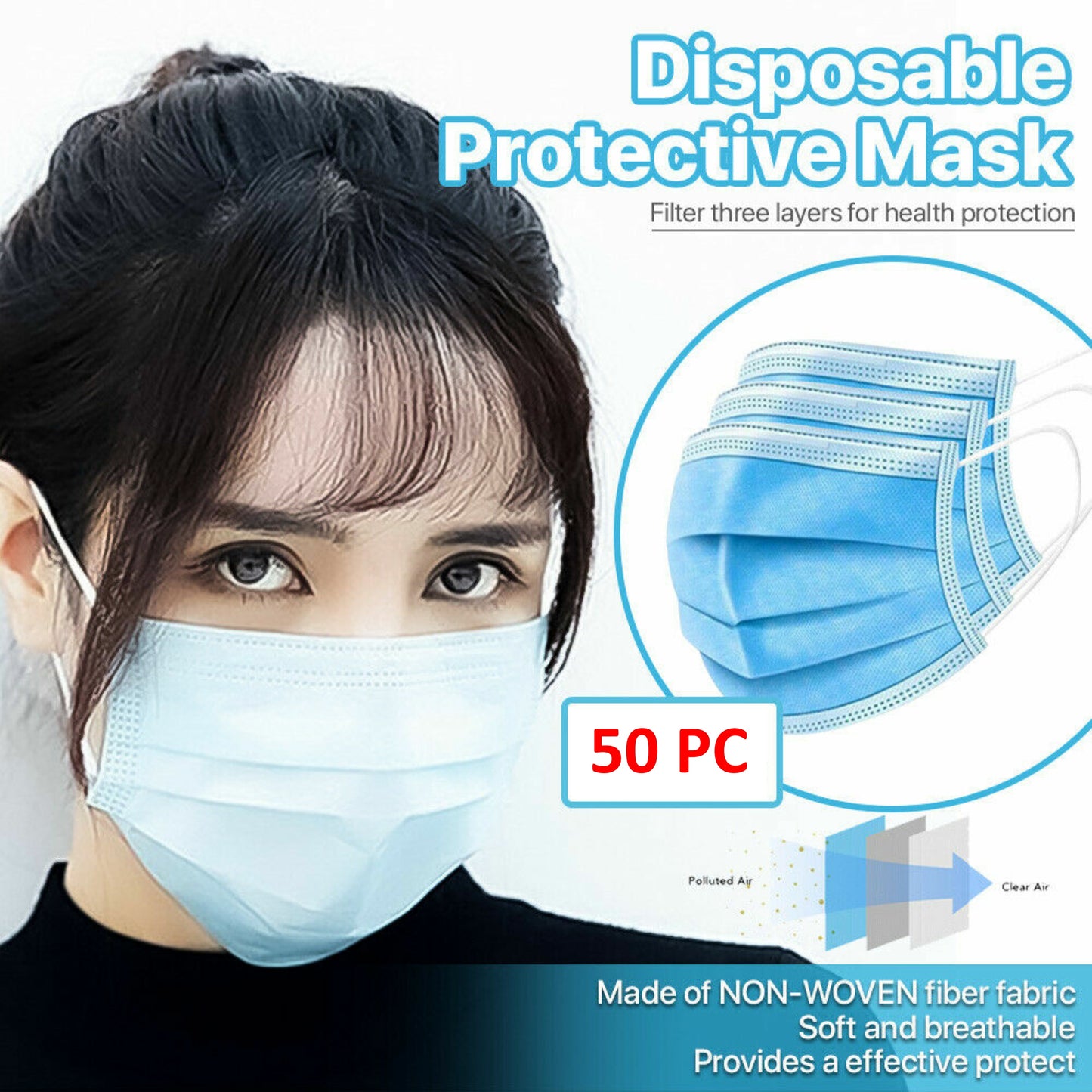[50 PCS] 3-Ply Disposable Face Mask Non Medical Surgical Earloop