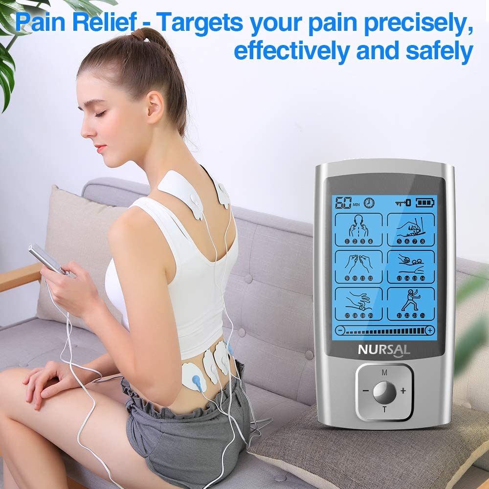 NURSAL TENS EMS Unit Muscle Stimulator for Pain Relief Therapy, Electric 24  Modes Dual Channel TENS Machine Pulse Massager with 12 Pcs Electrode