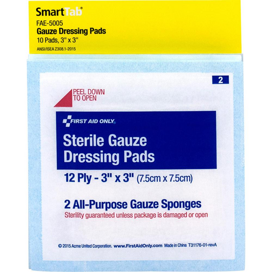 First Aid Only Sterile Gauze Dressing Pads - 12 Ply - 3" x 3" - 10/Pack - White - USA Medical Supply