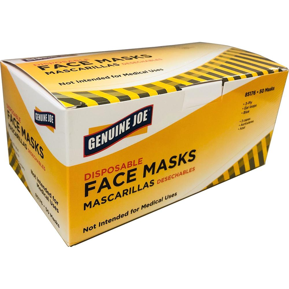 Genuine Joe Disposable Face Mask - Recommended for: Face - Disposable, Latex-free, 3-ply, Breathable, Comfortable, Elastic Loop, Earloop Style Mask, Flexible - Particulate Protection - 50 / Box - USA Medical Supply