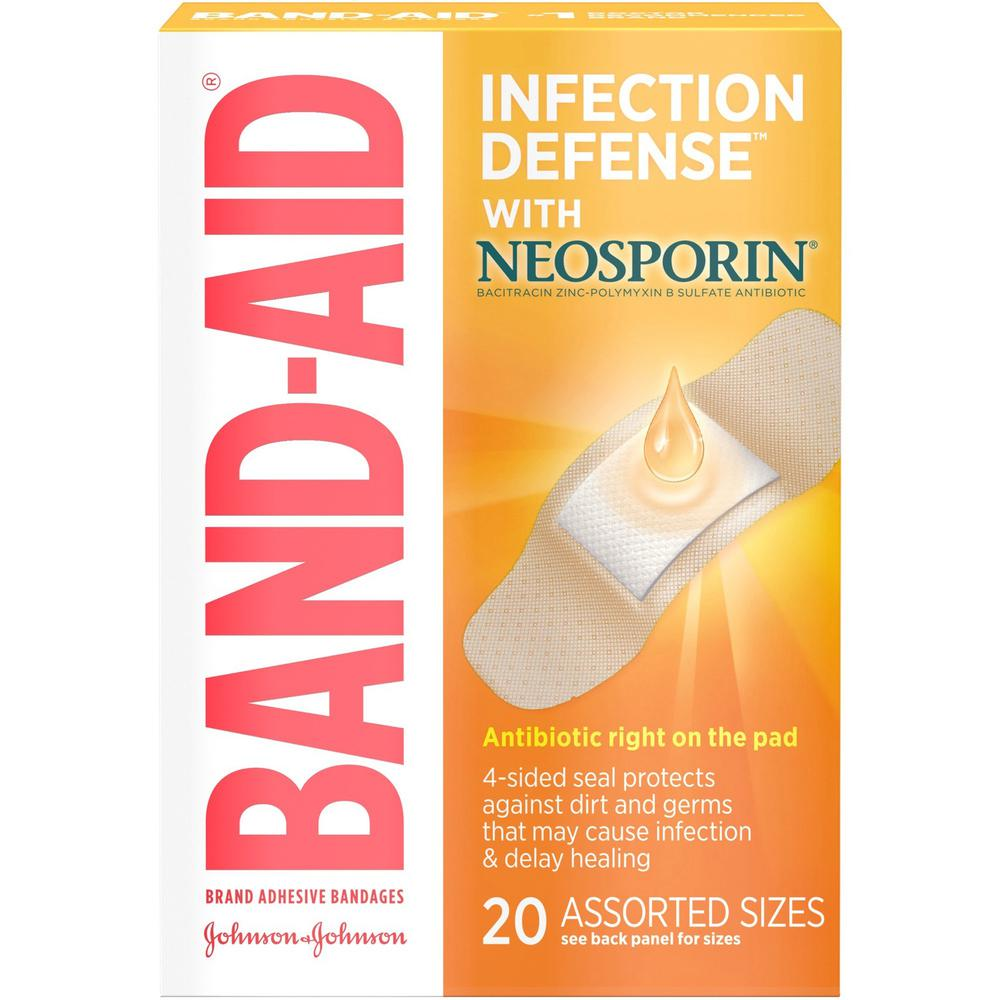 Band-Aid Adhesive Bandages Infection Defense with Neosporin - Assorted Sizes - 20/Box - Beige - USA Medical Supply
