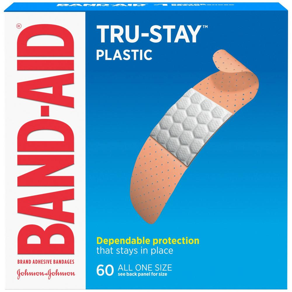 Band-Aid Tru-Stay Plastic Strips Adhesive Bandages - 0.75" - 60/Box - Tan - USA Medical Supply