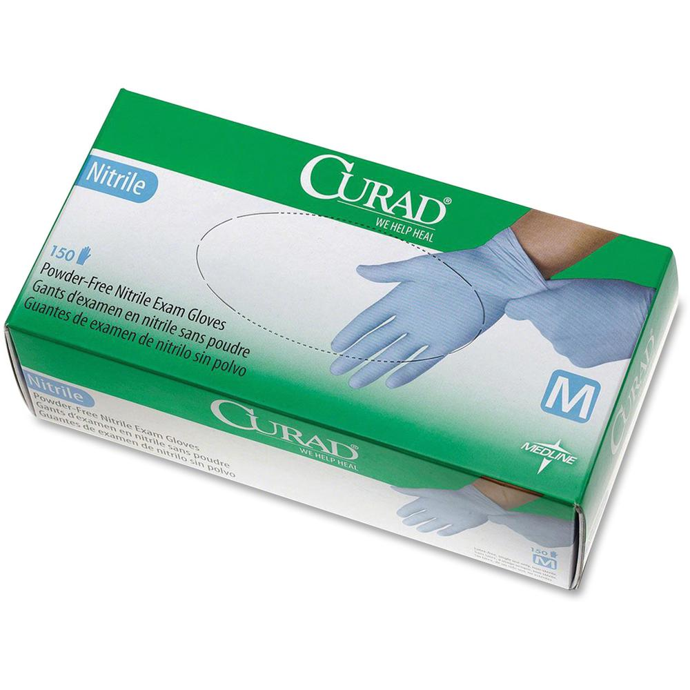 Curad Powder-free Nitrile Disposable Exam Gloves - Medium Size - Full-Textured Design - Nitrile - Blue - Powder-free, Disposable, Latex-free, Beaded Cuff, Non-sterile, Chemical Resistant - For Medical - USA Medical Supply