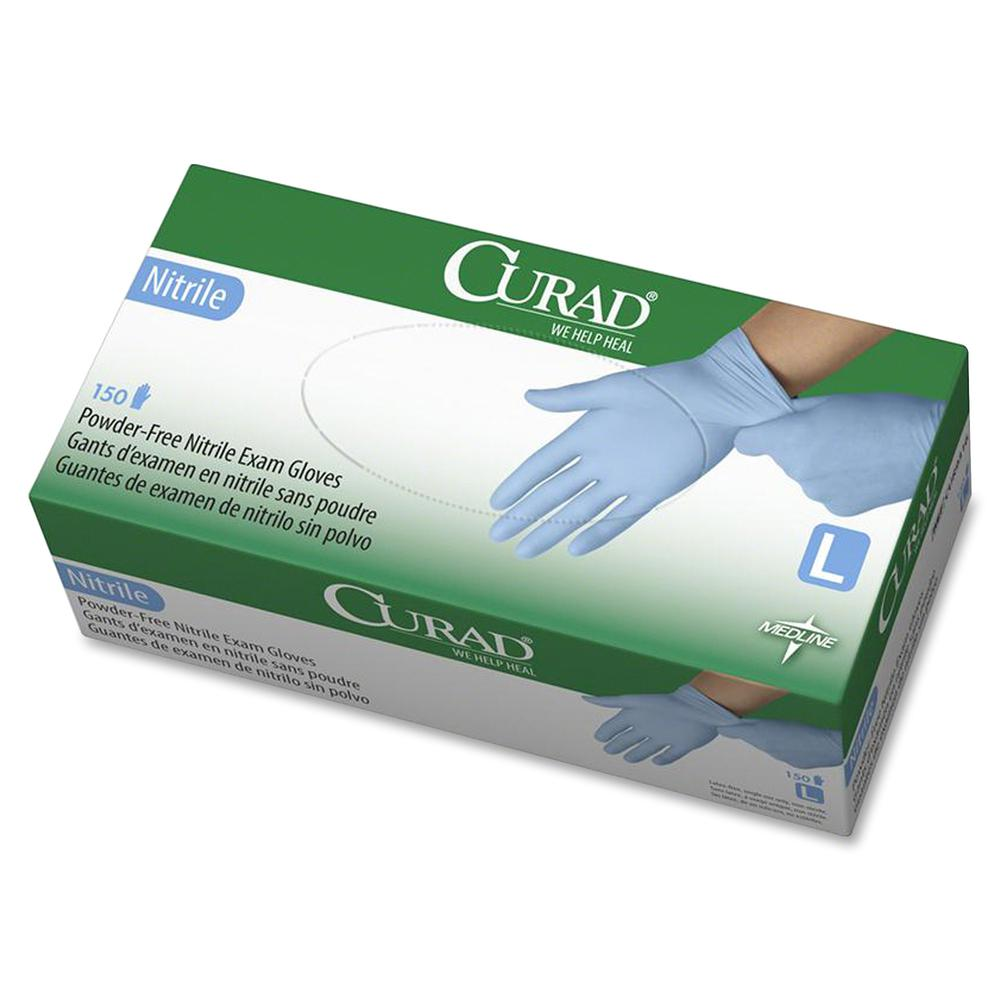 Curad Powder-free Nitrile Disposable Exam Gloves - Large Size - Full-Textured Design - Blue - Powder-free, Disposable, Latex-free, Beaded Cuff, Non-sterile, Chemical Resistant - For Medical - 150 / Bo - USA Medical Supply
