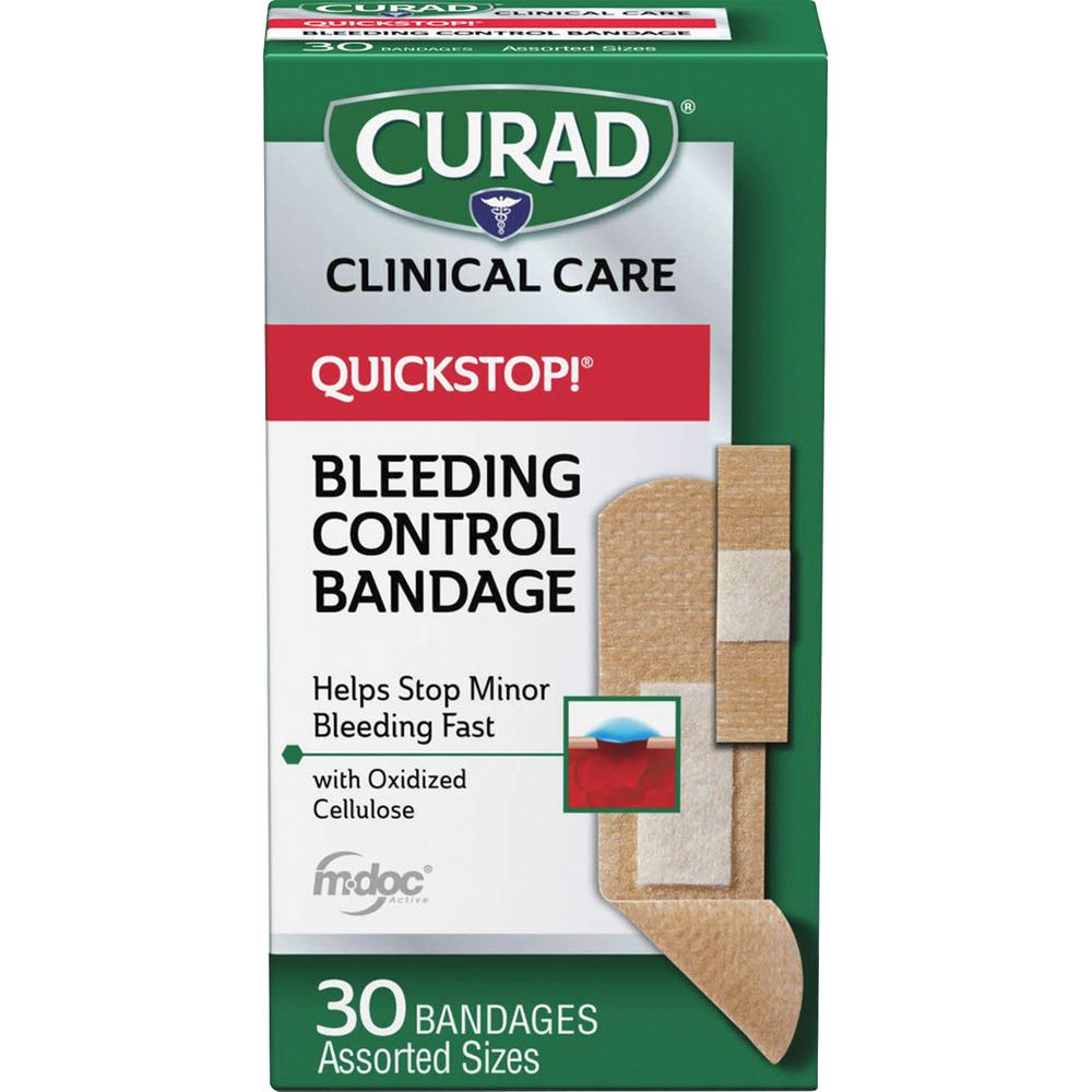 Curad Assorted QuickStop Bandages - Assorted Sizes - 30/Box - White - Fabric - USA Medical Supply