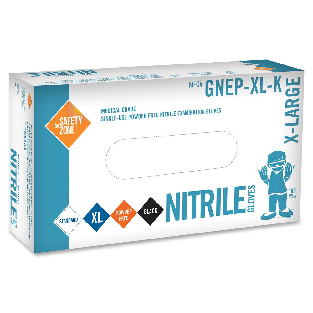 Safety Zone Medical Nitrile Exam Gloves - X-Large Size - Black - Powder-free, Comfortable, Allergen-free, Silicone-free, Latex-free, Textured, Ambidextrous, Chemical Resistant, Durable - For Cleaning, - USA Medical Supply