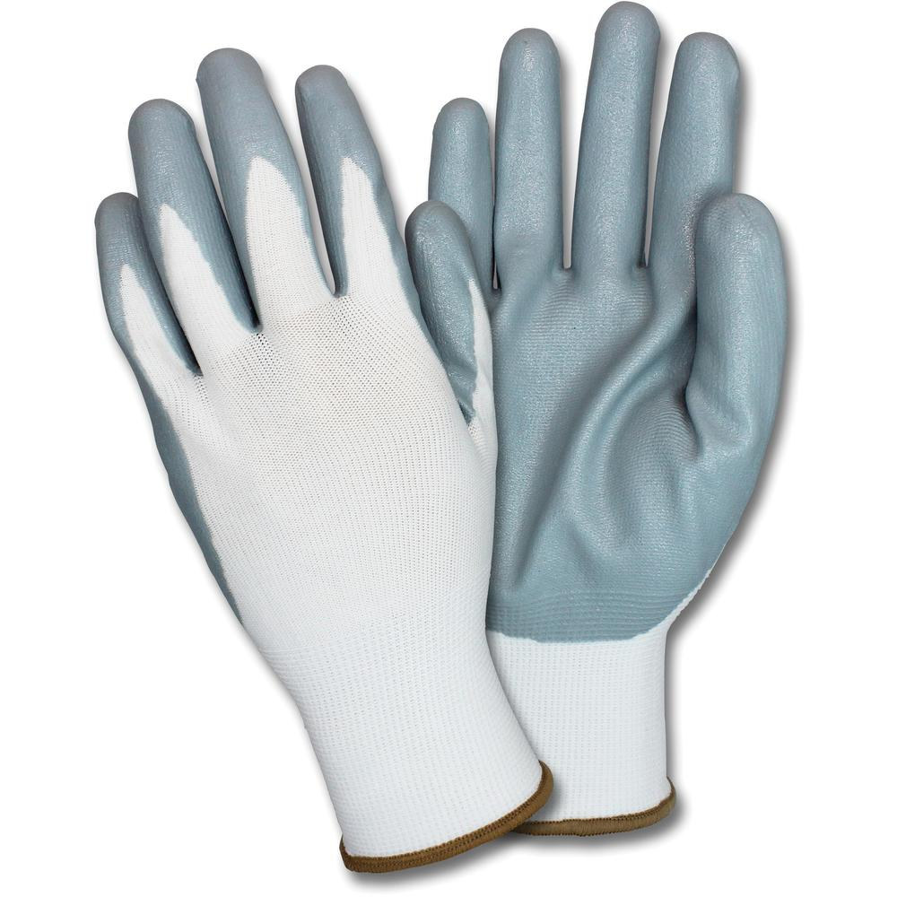 Safety Zone Nitrile Coated Knit Gloves - Nitrile Coating - Medium Size - Gray, White - Knitted, Durable, Flexible, Comfortable, Breathable - For Industrial - 1 Dozen - USA Medical Supply