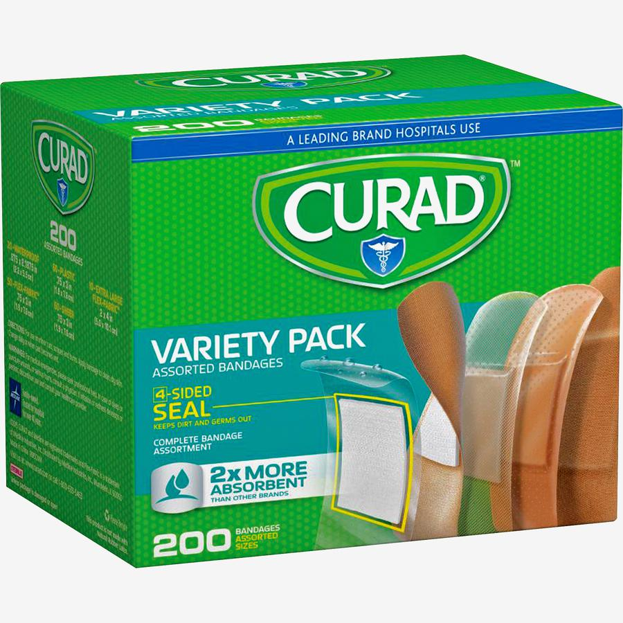 Curad Variety Pack 4-sided Seal Bandages - 200/Box - Assorted - Fabric, Plastic - USA Medical Supply
