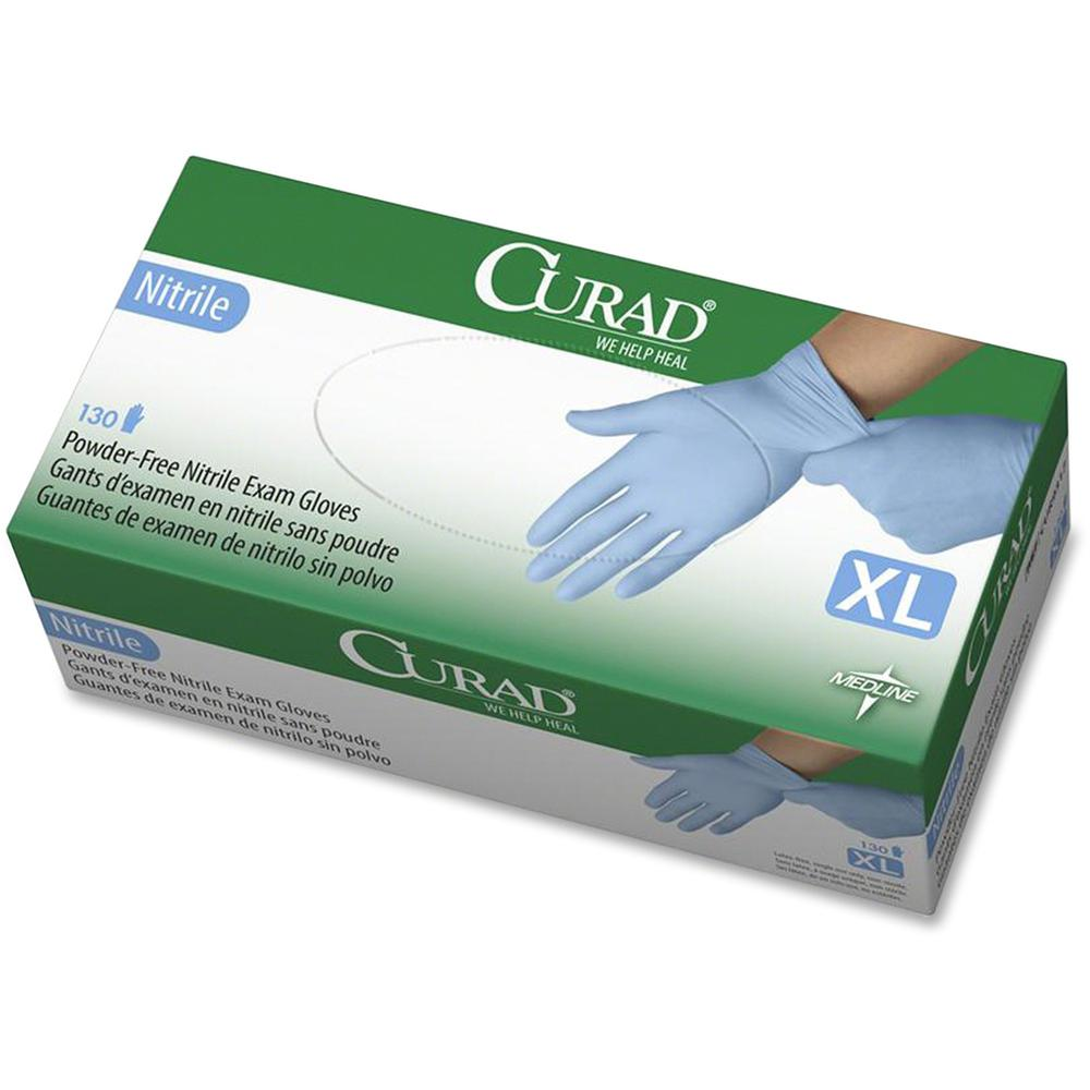 Curad Powder-free Nitrile Disposable Exam Gloves - X-Large Size - Full-Textured Design - Blue - Powder-free, Disposable, Latex-free, Beaded Cuff, Non-sterile, Chemical Resistant - For Medical - 130 / - USA Medical Supply