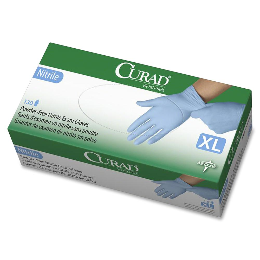 Curad Powder-free Nitrile Disposable Exam Gloves - X-Large Size - Full-Textured Design - Blue - Powder-free, Disposable, Latex-free, Beaded Cuff, Non-sterile, Chemical Resistant - For Medical - 130 / - USA Medical Supply