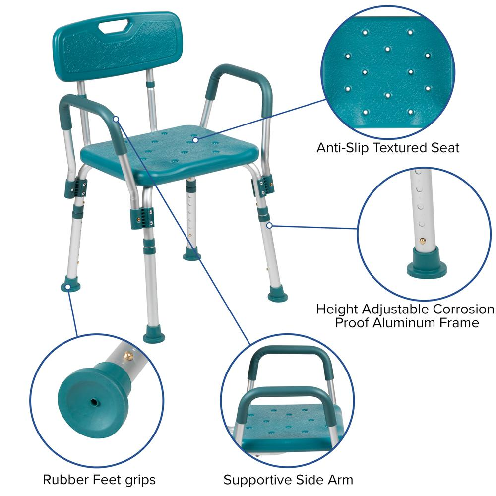 HERCULES Series 300 Lb. Capacity Adjustable Teal Bath & Shower Chair with Quick Release Back & Arms - USA Medical Supply