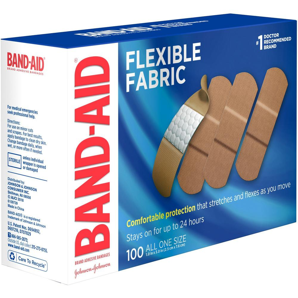 Band Aid Flexible Fabric Adhesive Bandages - 1" - 100/Box - Beige - Fabric - USA Medical Supply