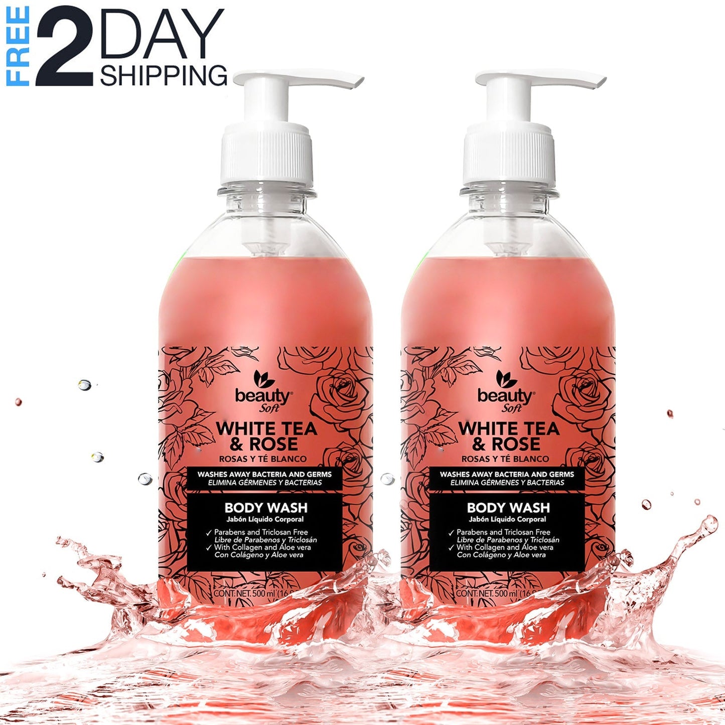 (2 Pack) Beauty Soft Body Wash with Pump Antibacterial Moisturizing, - USA Medical Supply